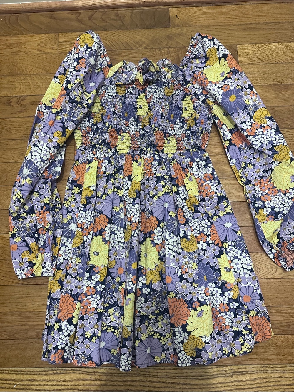 Crewcuts Purple Floral Smocked Long-Sleeve Dress with Yellow & Orange Accents